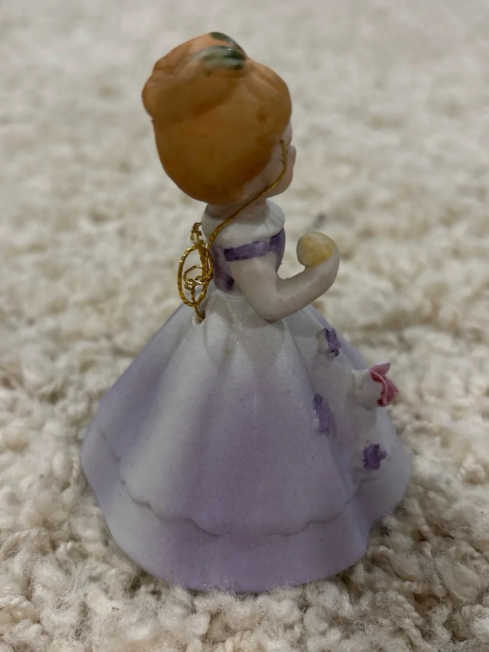 Vintage 1960s Japanese Miniature Porcelain Woman Lady Bell Purple Dress Floral